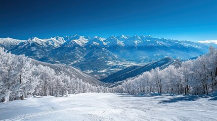 panoramic view of snow-covered mountains under a clear blue sky, with a valley below.