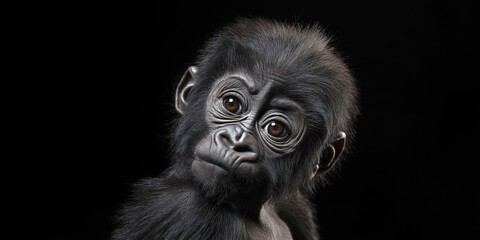 Fototapeta premium Photo of a baby gorilla isolated against a black background, emphasising the baby gorilla's majestic features. Wildlife and conservation concept, space for copy.