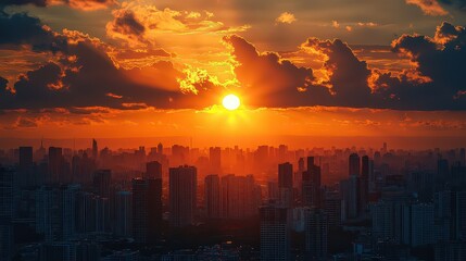 breathtaking city skyline at sunset, with rays of sunlight piercing through the clouds.