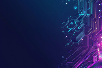 Futuristic vector illustration of an abstract circuit board with neon blue and purple gradients, showcasing intricate digital patterns and tech elements