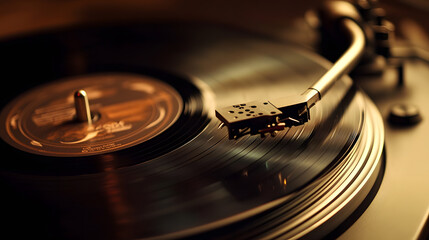 Close-up of a spinning black vinyl record on a turntable with a needle and retro equipment