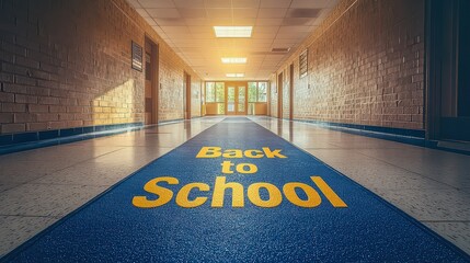 school hallway with a "Back to School" rug, signifying the start of a new academic year.