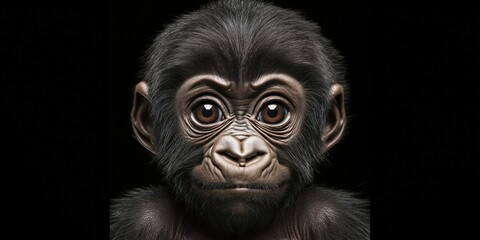 Photo of a baby gorilla isolated against a black background, emphasising the baby gorilla's majestic features. Wildlife and conservation concept, space for copy.