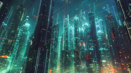 Fototapeta premium Smart digital Innovation city with connection network reciprocity over the cityscape. of future smart wireless digital city and social media networking systems that connects people with in city