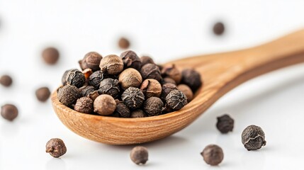 Wooden Spoon with Allspice Pepper Grains on White Background