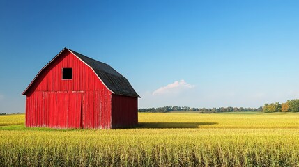 Obraz premium A red barn in the countryside, surrounded by fields of green grass and a clear blue sky.
