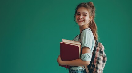 Obraz premium A cheerful student smiles while holding books and a backpack against a vibrant green wall