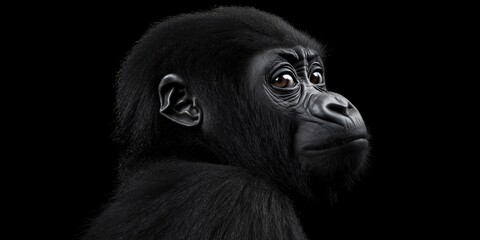 Fototapeta premium Photo of a baby gorilla isolated against a black background, emphasising the baby gorilla's majestic features. Wildlife and conservation concept, space for copy.