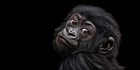 Photo of a baby gorilla isolated against a black background, emphasising the baby gorilla's majestic features. Wildlife and conservation concept, space for copy.
