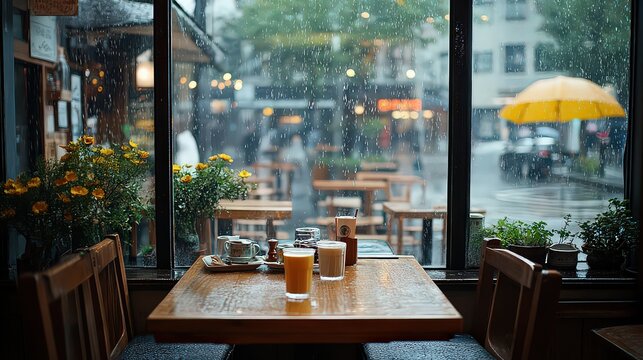 cozy cafe with large windows, where patrons enjoy hot beverages while watching the rain fall outside.