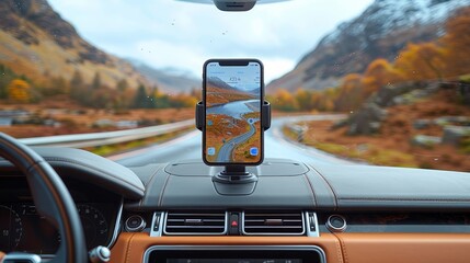 Phone Mockup in Car Mount Displaying Navigation App for Travel.