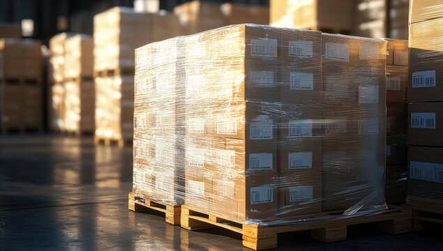 Pallet of shrink-wrapped cardboard boxes.