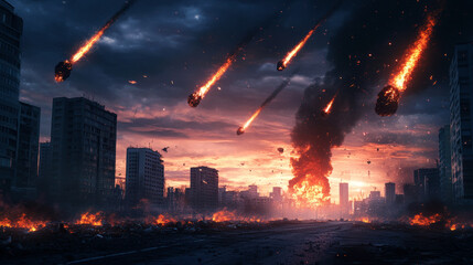 A city is destroyed by a meteor shower, with the sky filled with fiery debris