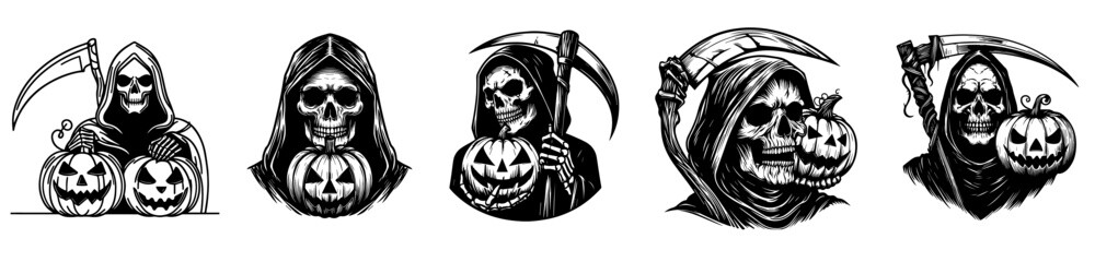 collection of grim reaper character with halloween pumpkins line art black vector graphics