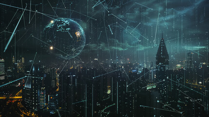 Smart digital Innovation city with connection network reciprocity over the cityscape. of future smart wireless digital city and social media networking systems that connects people with in city

