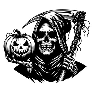 recommend clip art: grim reaper with halloween pumpkin portrait in black and white vector line art graphics