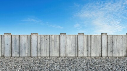 A wall of concrete blocks with a blue sky in the background
