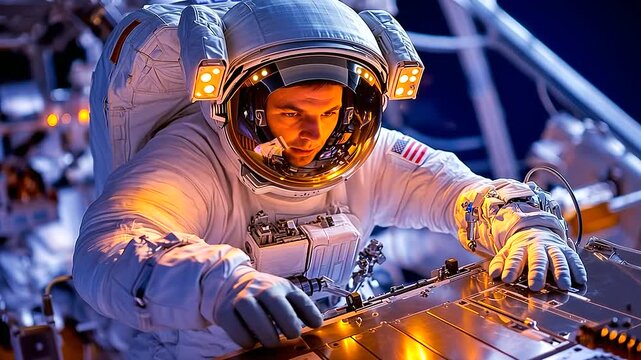 Astronaut performing precise exterior panel repairs on a space station using high-tech equipment.