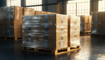 Pallet of shrink-wrapped cardboard boxes in warehouse.