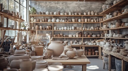 Naklejka premium artisan workshop with handcrafted items displayed, including pottery, textiles, and woodworking tools