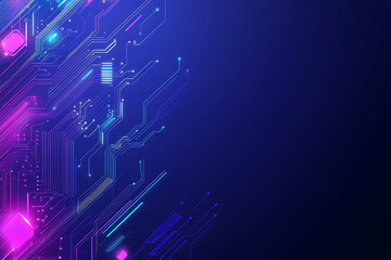 Futuristic vector illustration of an abstract circuit board with neon blue and purple gradients, showcasing intricate digital patterns and tech elements
