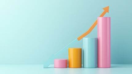 Sales data analysis, vibrant bar charts and growth arrows, 3D illustration on a white background.
