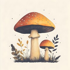 Minimalist Doodle of Mushroom with Nature Elements on Plain Background