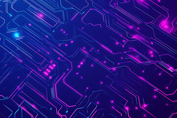 Futuristic vector illustration of an abstract circuit board with neon blue and purple gradients, showcasing intricate digital patterns and tech elements