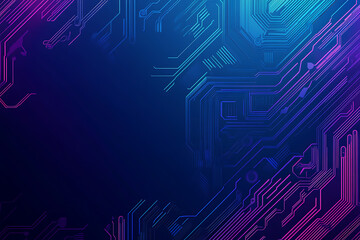 Futuristic vector illustration of an abstract circuit board with neon blue and purple gradients, showcasing intricate digital patterns and tech elements
