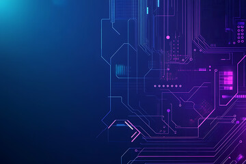Futuristic vector illustration of an abstract circuit board with neon blue and purple gradients, showcasing intricate digital patterns and tech elements