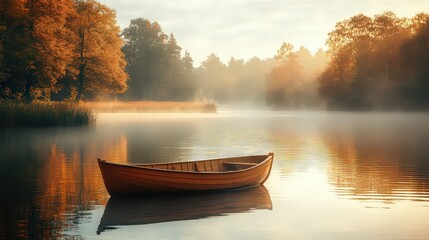 A small boat gently floating on a calm lake at sunrise, with mist rising from the water and trees lining the shore.