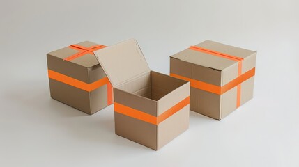 Fototapeta premium Three cardboard boxes with orange tape, one open, on a plain background, ready for shipping.