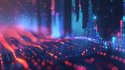 Fototapeta premium A futuristic digital landscape with glowing data points, lines, and graphs in a vibrant, abstract style.