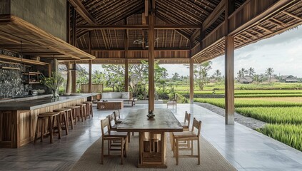 Obraz premium A wooden dining table and chairs with a view of