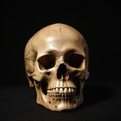 Fototapeta premium Human skull isolated on black background. Anatomically correct human skull model with creepy details for horror artwork . Dead people bone cranium. Ai generated image.