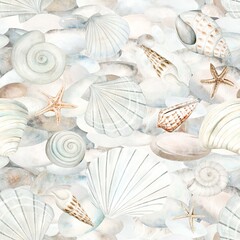 Seamless pattern of beige sea shells, stars and pebbles watercolor illustration. Hand drawn ocean clams clipart for marine and seaside designs in monochrome pastel colors