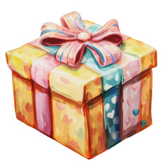PNG Colorful wrapped gift box with a bow on top against a light background