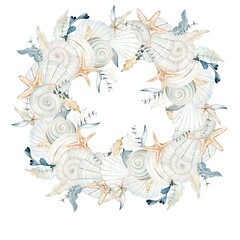 Obraz premium Wreath of beige sea shells, stars and seaweed watercolor illustration isolated on white background. Hand drawn ocean clams clipart for marine and seaside designs in monochrome pastel colors.