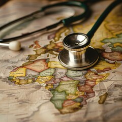 A stethoscope placed over a colorful map of Africa, symbolizing the intersection of healthcare and geography, with a focus on global health.