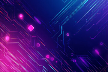 Futuristic vector illustration of an abstract circuit board with neon blue and purple gradients, showcasing intricate digital patterns and tech elements
