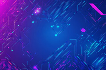 Futuristic vector illustration of an abstract circuit board with neon blue and purple gradients, showcasing intricate digital patterns and tech elements