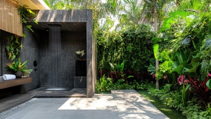 Outdoor shower with lush greenery and a stone patio.