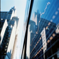 Urban reflections and stock chart trends, captured against the glimmering facade of skyscrapers under a bright, clear sky.