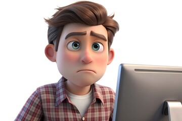3D Cartoon Man in Plaid Shirt with Disappointed Expression Looking at Screen
