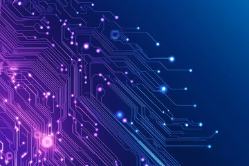 Futuristic vector illustration of an abstract circuit board with neon blue and purple gradients, showcasing intricate digital patterns and tech elements