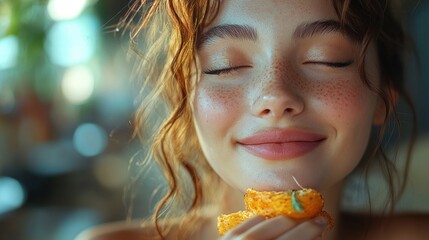 Naklejka premium Woman with Freckles Smiles with Closed Eyes while Holding Food