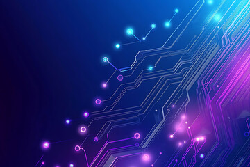 Futuristic vector illustration of an abstract circuit board with neon blue and purple gradients, showcasing intricate digital patterns and tech elements