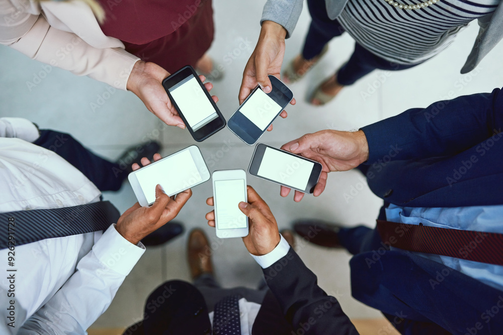 Poster hands, business people and above in circle with phone, screen and mockup space for app in modern off