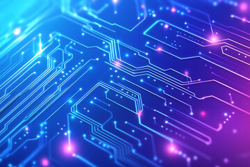 Fototapeta premium Futuristic vector illustration of an abstract circuit board with neon blue and purple gradients, showcasing intricate digital patterns and tech elements