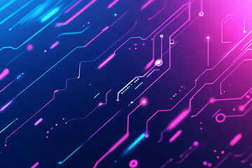 Futuristic vector illustration of an abstract circuit board with neon blue and purple gradients, showcasing intricate digital patterns and tech elements